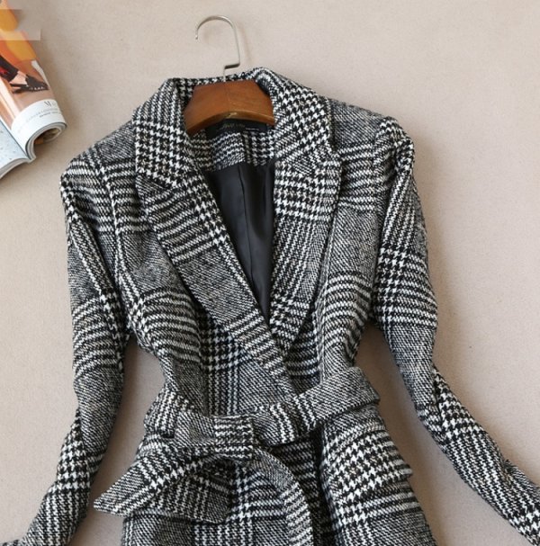 Was Thin Temperament Long Woolen Plaid Coat Woolen Coat