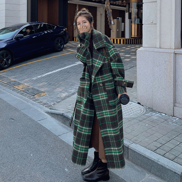 Loose Hepburn Style Woolen Coat Green Plaid Long Woolen Coat