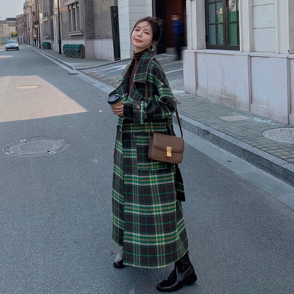 Loose Hepburn Style Woolen Coat Green Plaid Long Woolen Coat