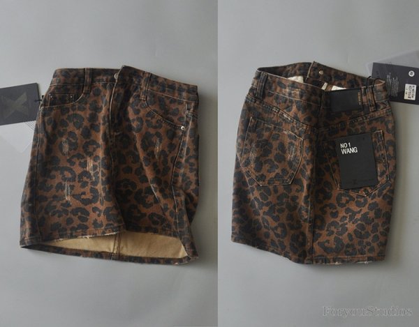 Leopard Print Denim Skirt Women's High Waist